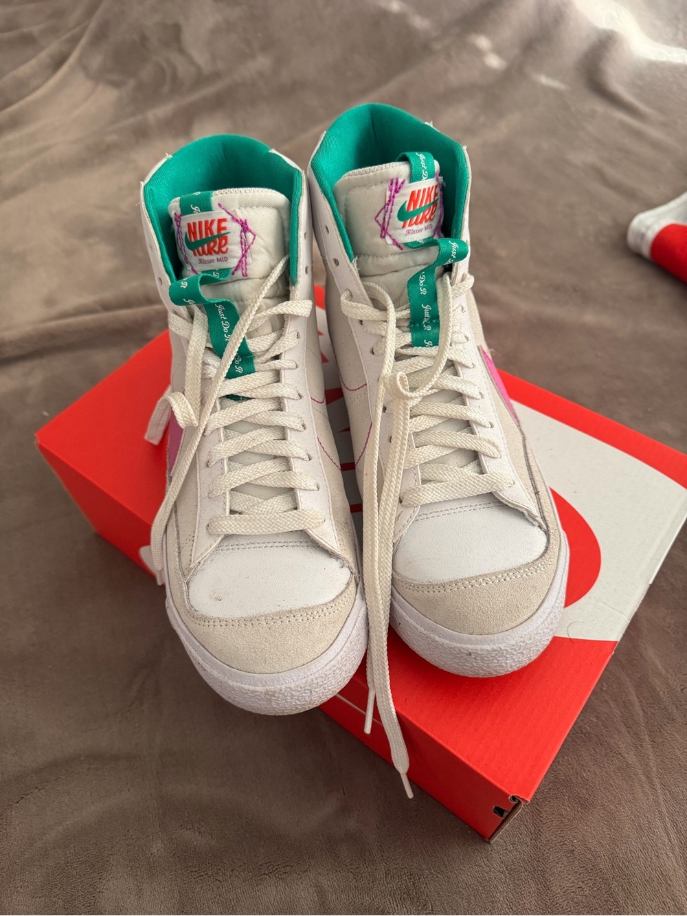 Nike Blazers - Off-White High-Top Sneakers with Teal Lining and Pink Logo
